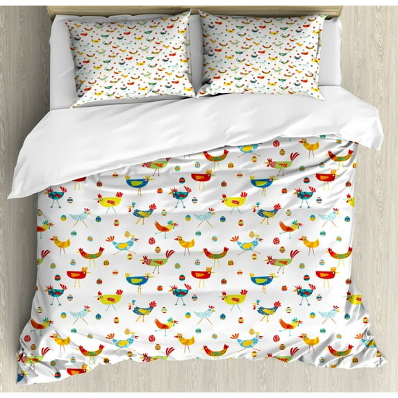 Vibrant Duvet Cover Set, Repetitive Chickens Eggs Colorful Doodle on Plain Background, Decorative 3 Piece Bedding Set with 2 Pillow Shams, King Size, Yellow Green Sky Blue, by Ambesonne