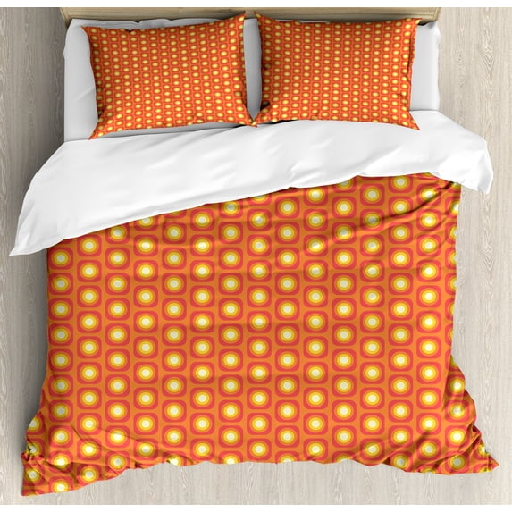 Vibrant Duvet Cover Set, Repetitive Squarcles Geometric Elements Vintage Look Illustration, Decorative 3 Piece Bedding Set with 2 Pillow Shams, Queen Size, Dark Coral Mustard, by Ambesonne