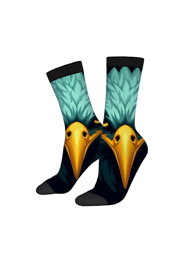 Vibrant Eagle Face Socks - 2 Pairs of Unisex Trendy Socks with Yellow Eyes & Golden on Teal Background - Four Seasons Style