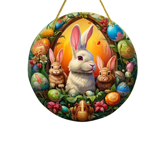 Vibrant Easter Hanging Ornament 7.9 Inch Diameter with Pastoral Spring Scene Floral Border and Playful Rabbit, Perfect as Holiday Gift or Seasonal Accent for Home or Garden