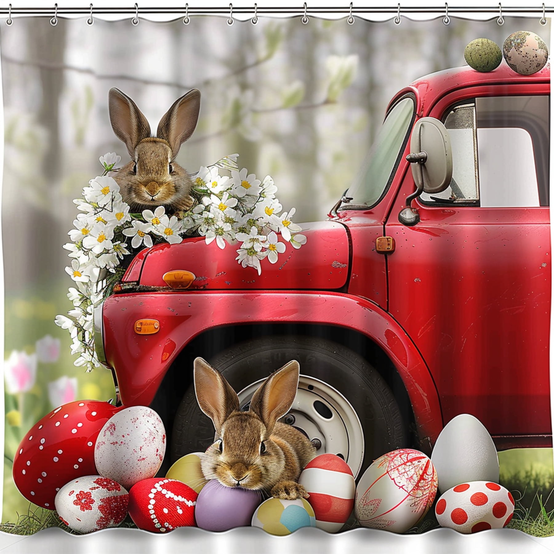 Vibrant Easter Red Truck Shower Curtain with Bunny and Eggs Hyper