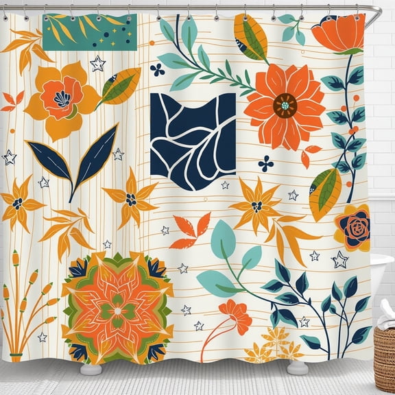 Vibrant Eclectic Floral Shower Curtain with Geometric Shapes Stars & Stripes - Bold Orange Yellow & Teal