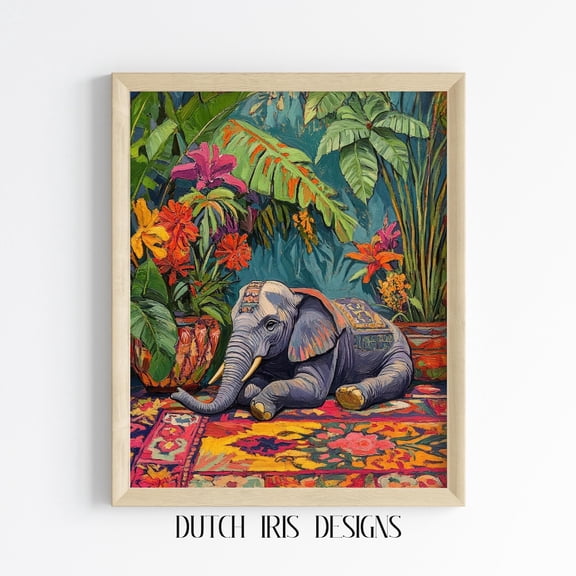 Vibrant Elephant In Jungle Room,Style Wall Art, Colorful Tropical Decor, Animal Art Print, Jungle 882 Home Decor #1582, Unframed Poster Size 8x12