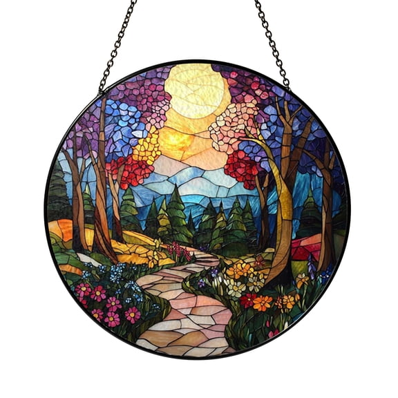 Vibrant Enchanted Forest Path Stained Glass Window Hanging, Nature-Themed Home Decor, Gift Idea for Moms