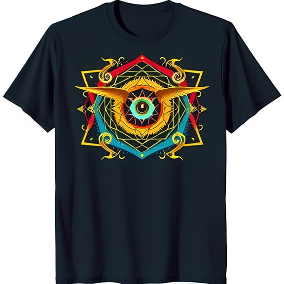 Vibrant Eye Design T-Shirt with Wings and Mystical Black Tee