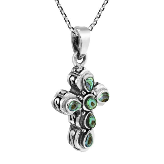 Vibrant Faith Abalone Shell Inlay Sterling Silver Stylized Cross Necklace