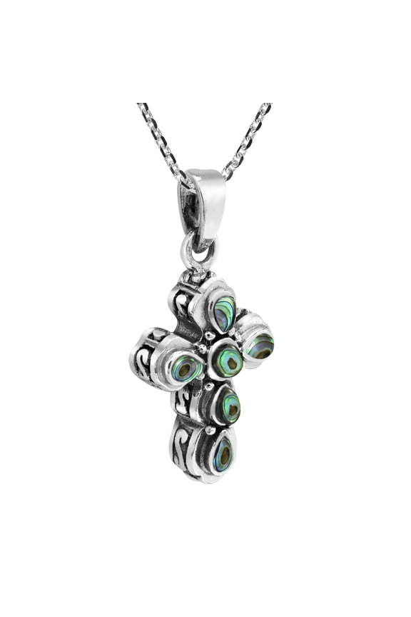 Vibrant Faith Abalone Shell Inlay Sterling Silver Stylized Cross Necklace