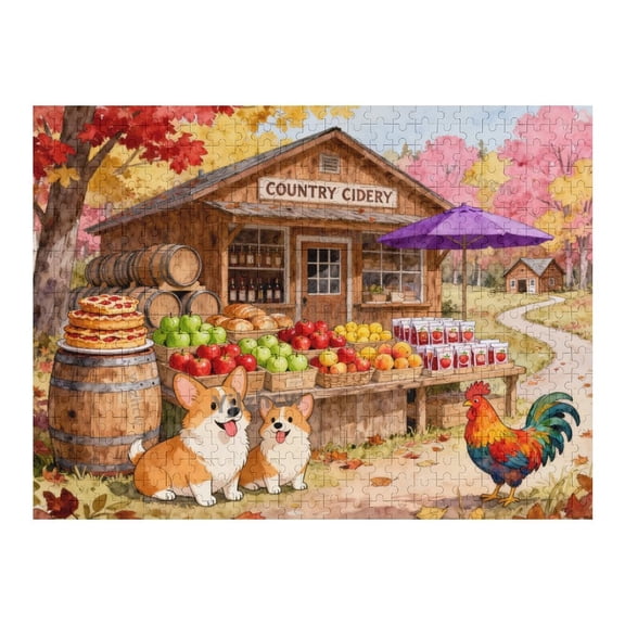 Vibrant Fall Orchard Shop with Corgis Rooster Fruit Wooden Puzzle 1000 Pieces for Adults, Cozy Indoor Entertainment, Mind-Stimulating Brain Teaser, Tabletop Game, Relaxing Hobby and Leisure Activity
