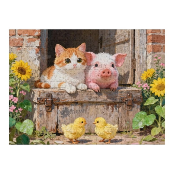 Vibrant Farm Animal Friends Art Print Wooden Puzzle 500 Pieces for Adults, Challenging Indoor Brain Teaser, Relaxing Tabletop Game, Mind-Stimulating Hobby, Home Decor and Leisure Activity