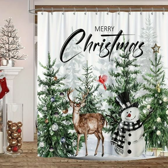 Vibrant Farmhouse Forest Polyester Shower Curtain Set - 72 x 72 inches, Polyester Woven, Stain Resistant, Machine Washable, Holiday Bathroom Decor with Deer and Snowman