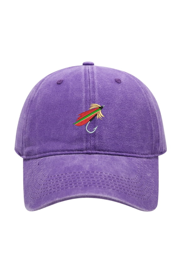 Vibrant Feather Fly Fishing Lure Embroidered Vintage Washed Cotton Dad Hat, Adjustable Adult Outdoor Angler Cap for Fly Fishing Lovers Men Women