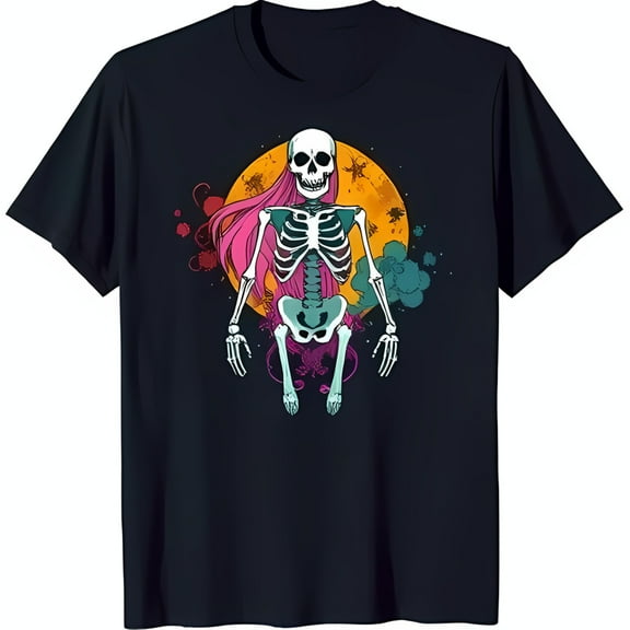 Vibrant Female Skeleton Graphic Black T-Shirt with Colorful Moon Design