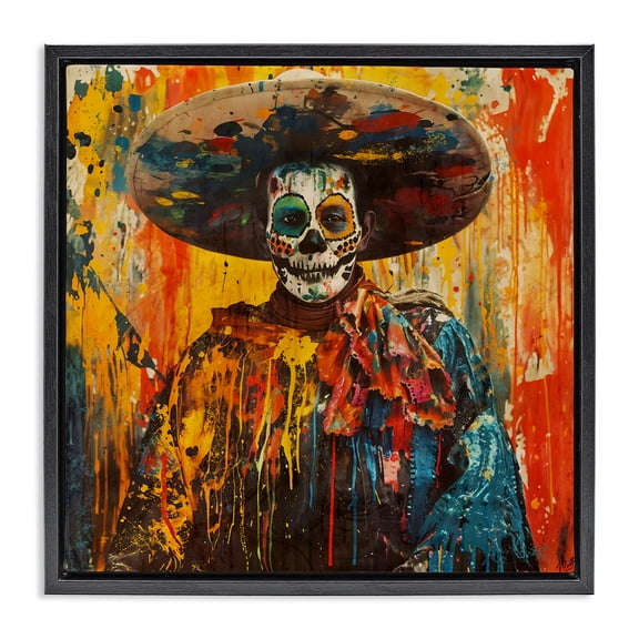 Vibrant Festive Day of The Dead Black Floating Frame Canvas Art, 18 x 18, Made In USA