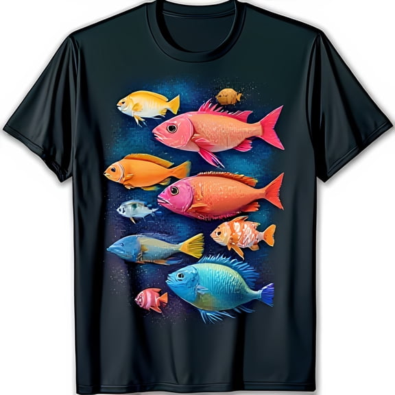 Vibrant Fish School Print Black T-Shirt Fun & Energetic Design for Ocean Lovers