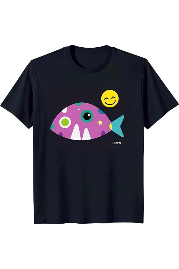 Vibrant Fish and Smiling Sun Graphic Black T-Shirt Cheerful Design for All Ages