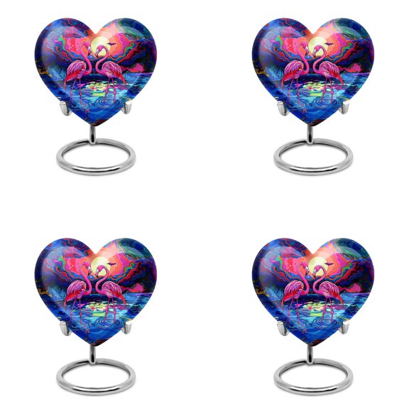 Vibrant Flamingo Fantasy Cremation Urn For Male - Small Urn - Small Decorative Heart Urn For Adult Male - Heart Keepsake Urn For Human Ashes 3 Inch, Set Of 4