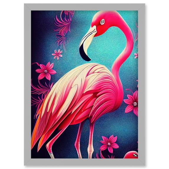 Vibrant Flamingo Illustration With Pink Florals Flowers Artwork Framed Wall Art Print A4
