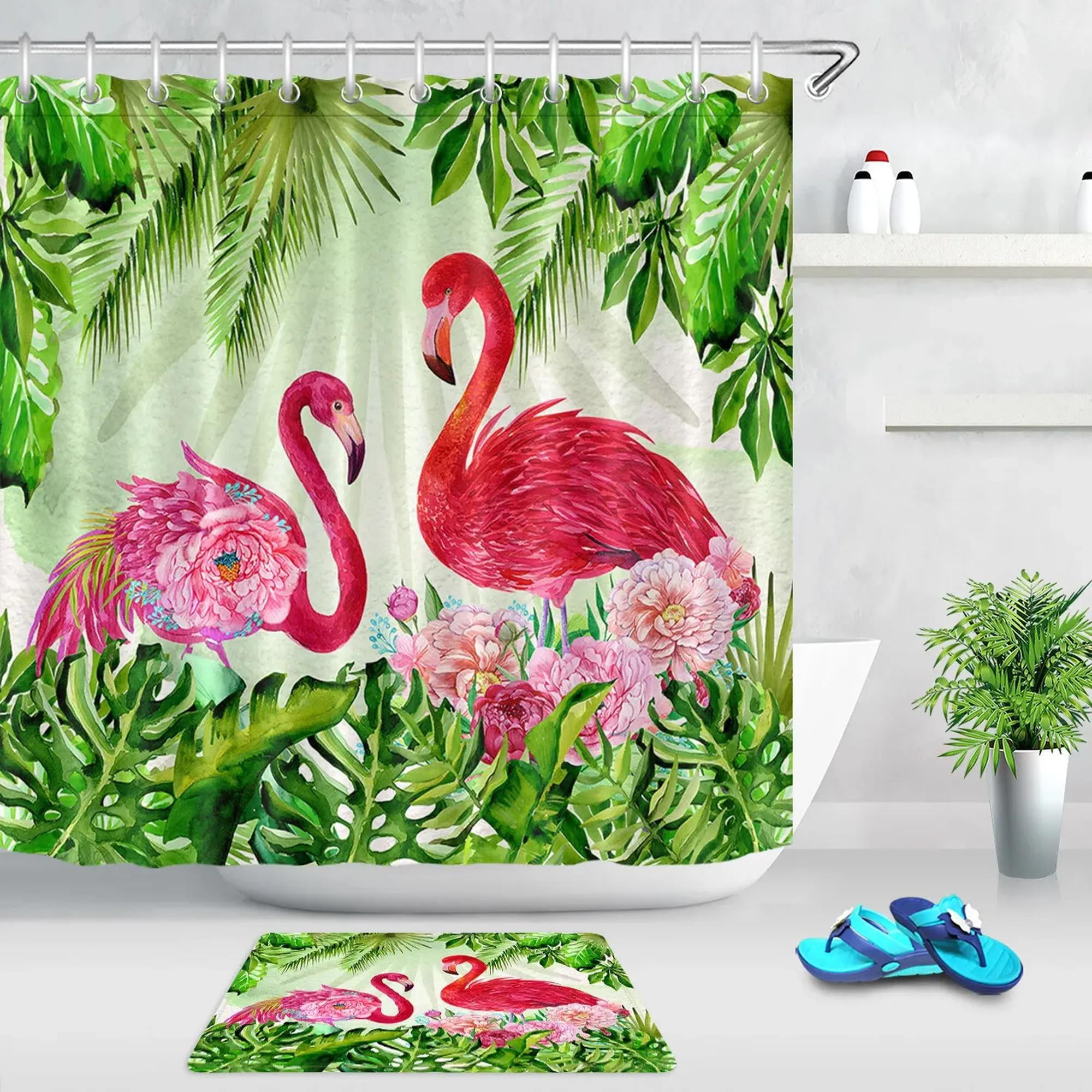 Vibrant Flamingo Paradise Exotic Shower Curtain Set with Red Flowers
