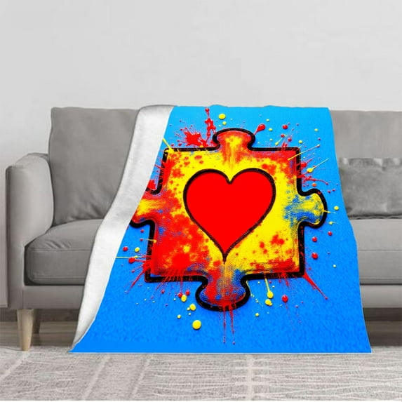 Vibrant Flannel Blanket with Colorful Puzzle Piece Design & Bold Heart - Soft Cozy Perfect for Sofa Travel Bed & Chair