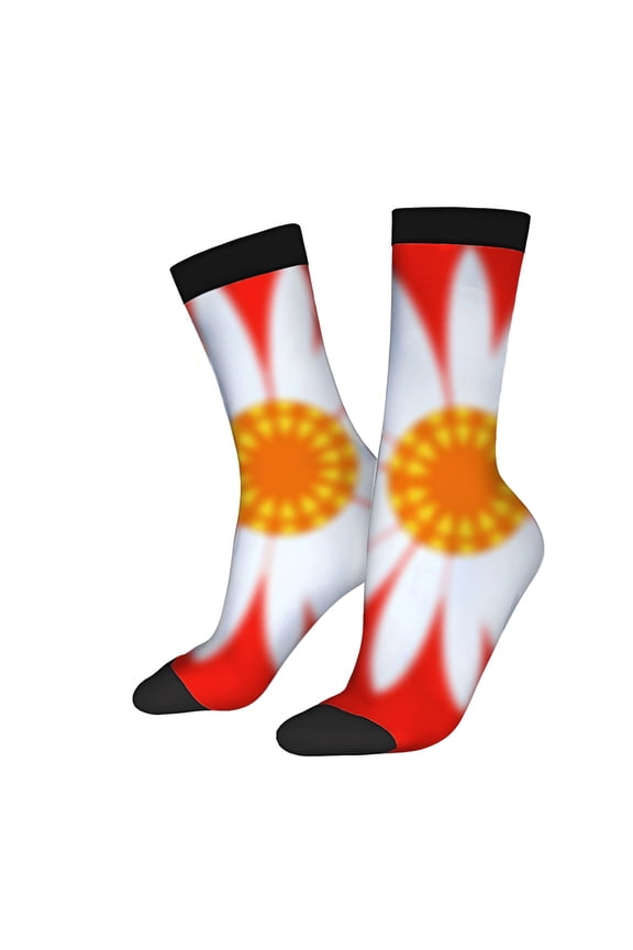 Vibrant Floral Ankle Socks - 2 Pairs of Unisex Trendy Socks with Bold White Flower & Yellow Petals on Red Background