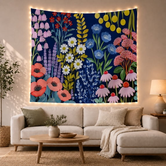 Vibrant Floral Arrangement with Coral Poppies and Ferns in Navy, Playful Illustration for Nature Lovers, Botanical Wall Art, Housewarming Gift, Tapestry Wall Hanging for Bedroom and Living Room