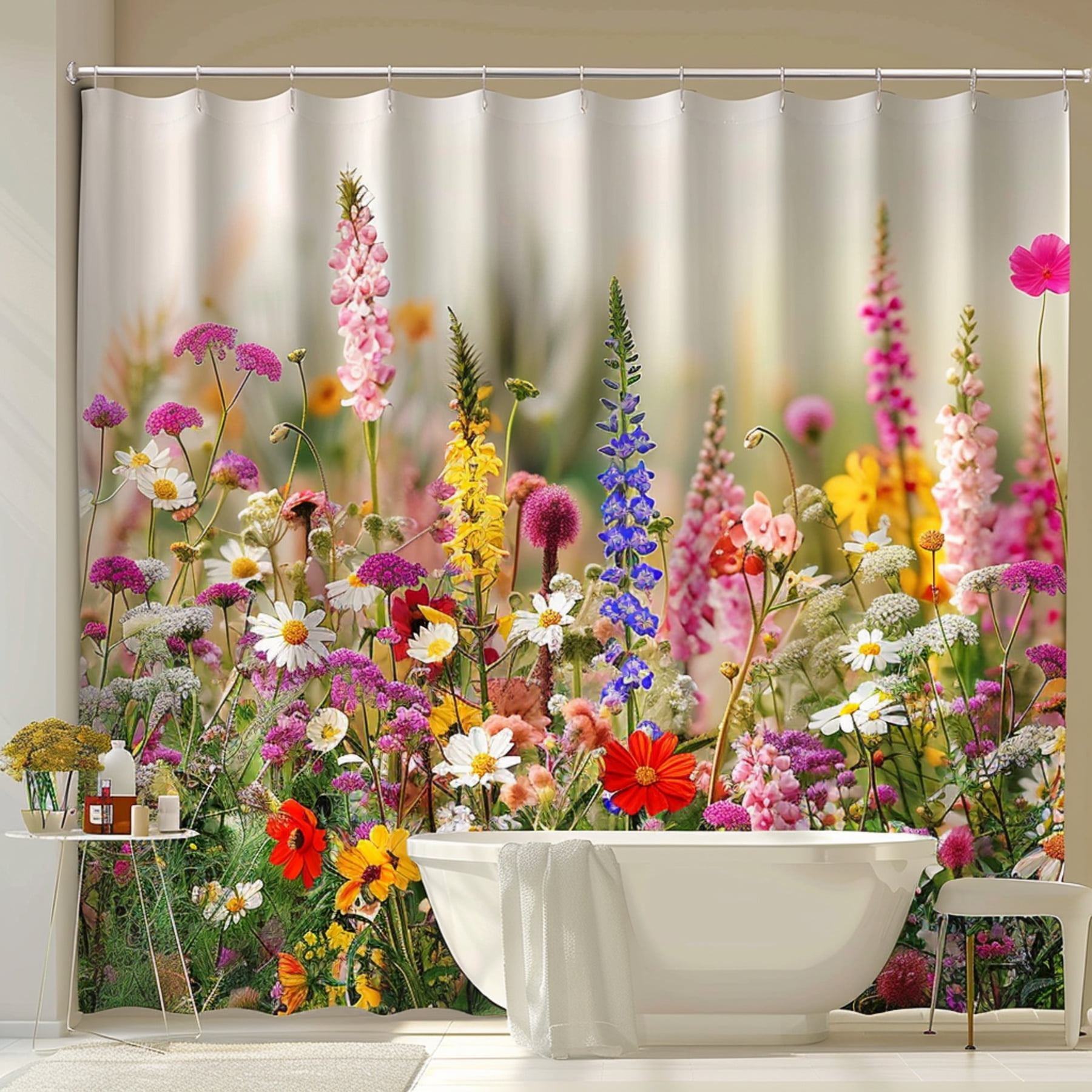 Vibrant Floral Bathroom Curtain Set with Colorful Flowers Elegant White ...