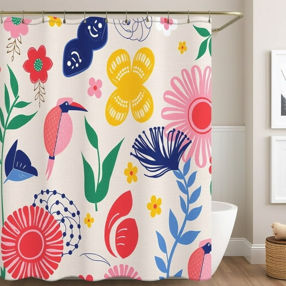 Vibrant Floral & Bird Shower Curtain - Modern Art Design in Bold Colors on Cream Linen-Like Fabric