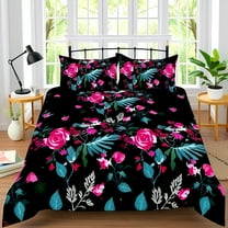 Vibrant Floral Black Bedspread Set with Matching Pillowcases Pink & Teal Botanical Design for Stylish Bedrooms