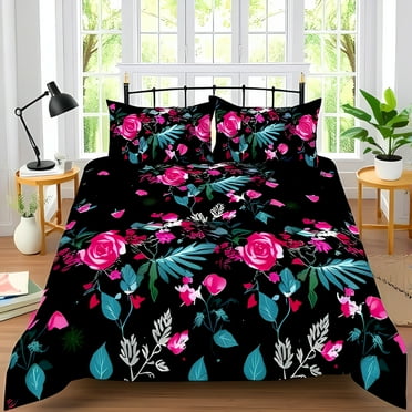 Vibrant Floral Black Bedspread Set with Matching Pillowcases Pink & Teal Botanical Design for Stylish Bedrooms