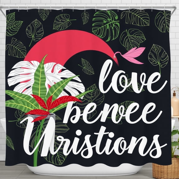 Vibrant Floral Black Shower Curtain with 'Love Between Christians' Design Red Curves & Green Leaves