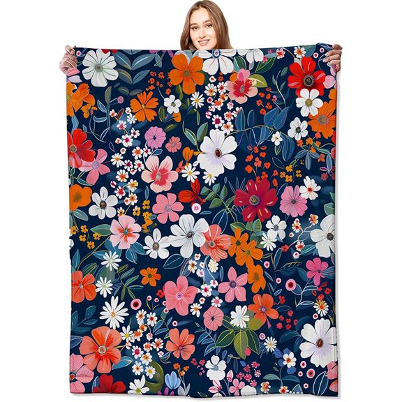 Vibrant Floral Blanket Colorful Blossoms and Leaves Throw Blankets,Birthday Gifts for Women & Flower Lovers,Lightweight Soft Fleece for Sofa Couch Bed Room Travel Decor 50x60in