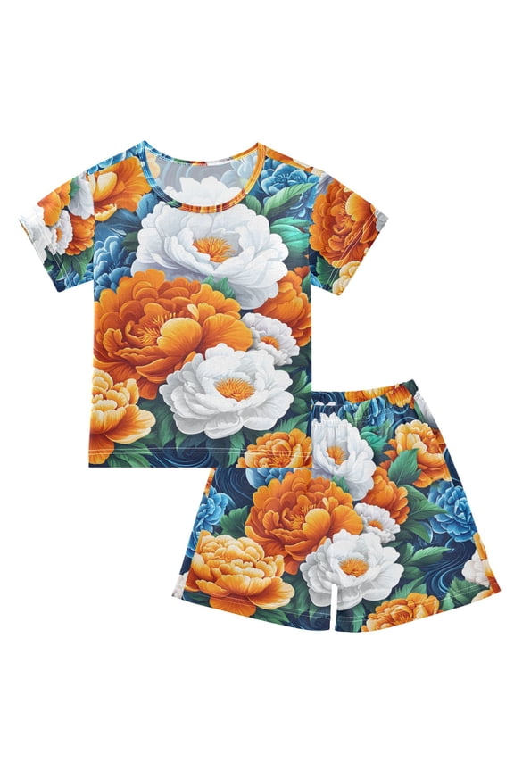 Vibrant Floral Bloom Summer Pajama Set Soft Cotton Short Sleeve Sleepwear 2PCS Pajama Sets Breathable Lounge Set Size 12Y
