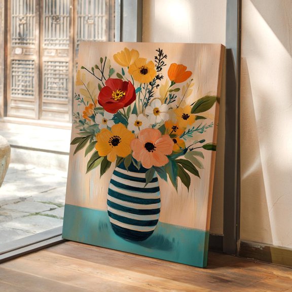 Vibrant Floral Bouquet In Striped Vase, Hand-Painted Style Artwork For Bright Home Decor Wall Art, Modern Wall Decor, 8x12 UNFRAMED