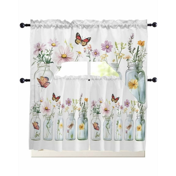 Vibrant Floral and Butterfly Kitchen Curtains Sets 36 Inch Length with Valance, Colorful Green Leaves Swag Valances and Tiers Curtain Set Drapes Swag Curtains for Living Room, Bathroom, Bedroom, Cafe