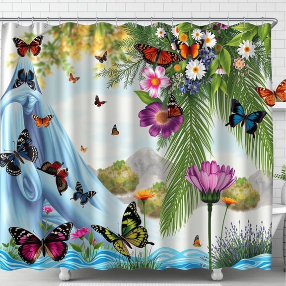 Vibrant Floral & Butterfly Shower Curtain - Colorful Blooms & Green Leaves on Soft Blue Background