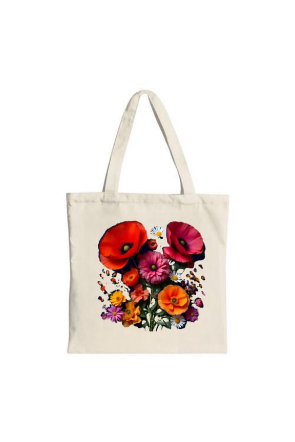 Vibrant Floral Canvas Tote Bag - Colorful Daisies Asters with Butterflies - Perfect for Shopping & Travel