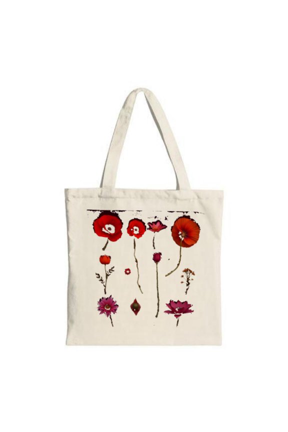 Vibrant Floral Canvas Tote Bag - Red Purple & Pink Flowers with Stems Perfect for Shopping Travel & Parties Reusable & Stylish