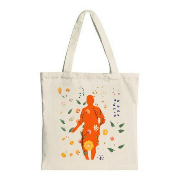 Vibrant Floral Canvas Tote Bag with Orange Silhouette Perfect for Shopping Travel and Parties - Stylish & Reusable