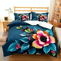 Vibrant Floral Comforter Set Blue Bedding with Colorful Flowers - Playful Bedroom Aesthetic