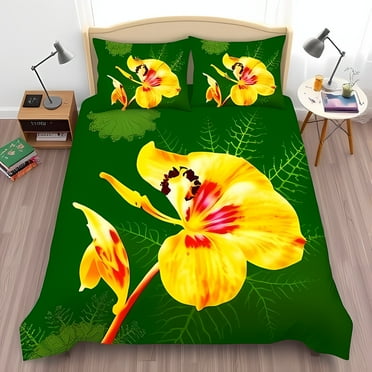 Vibrant Floral Comforter Set Bold Yellow Flowers on Deep Green Background Soft Tropical Bedding for a Cozy Bedroom