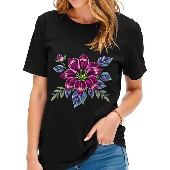 Vibrant Floral Cotton Short Sleeve T-Shirt - Deep Purple & Magenta Design on Black