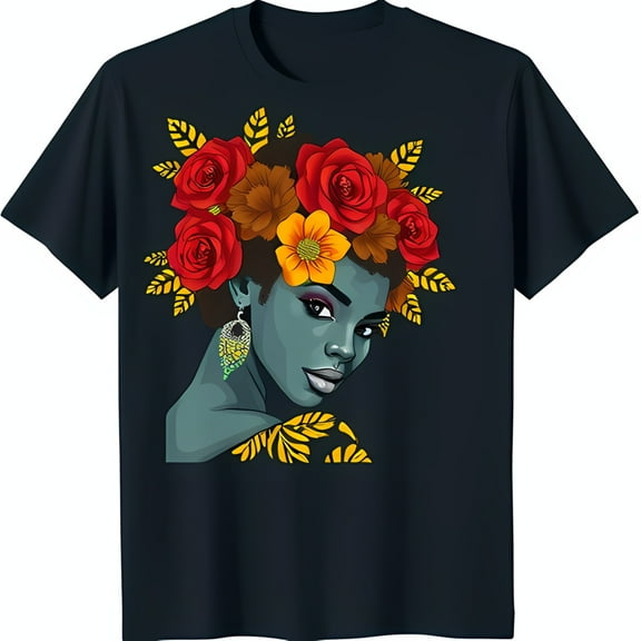 Vibrant Floral Crown Graphic Tee for Women Stylish Black T-Shirt with Stunning