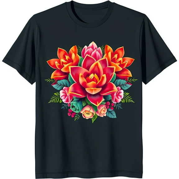 Vibrant Floral Design Black T-Shirt with Bright Pink Red & Flowers