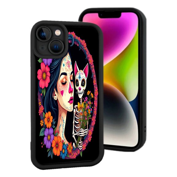 Vibrant Floral Design Lightweight Phone Case for iPhone 15 - Colorful Skeleton & Flower Patterns Dark Background