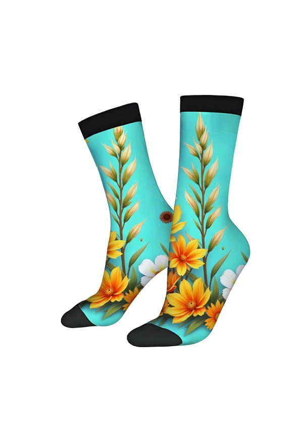 Vibrant Floral Design Socks - 2 Pairs of Unisex Trendy Socks with Turquoise Background Yellow Flowers & Black Cuffs