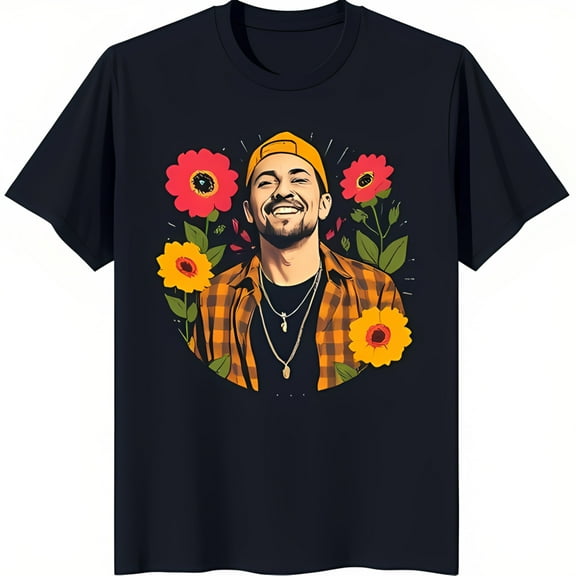 Vibrant Floral Design T-Shirt with Smiling Man in Yellow & Checkered Shirt