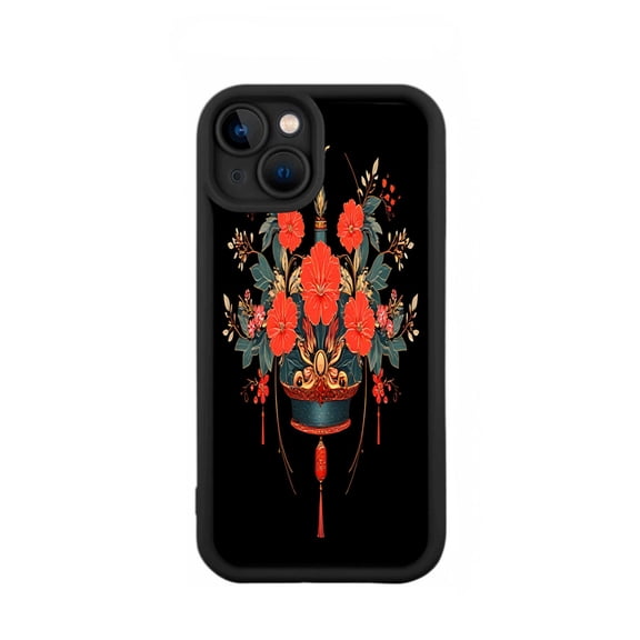Vibrant Floral Design iPhone 15 Case - Lightweight Yellowing Resistant Black Background with Red Flowers & Gold Accents