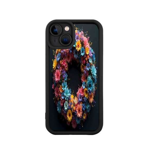 Vibrant Floral Design iPhone 15 Case - Lightweight Yellowing Resistant Dark Background with Circular Flower Pattern Black Border