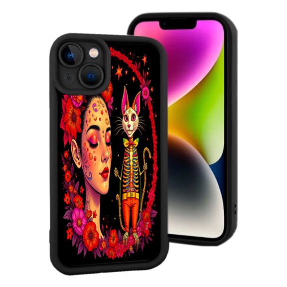 Vibrant Floral Design iPhone 15 Case - Lightweight Yellowing Resistant Features Whimsical Skeleton Cat & Colorful Patterns