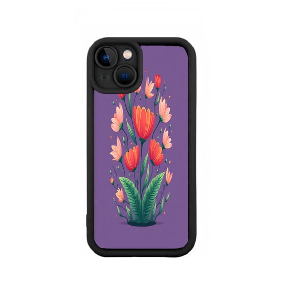 Vibrant Floral Design iPhone 15 Case - Lightweight Yellowing Resistant Purple Background with Red & Pink Flowers Green Leaves Black Border